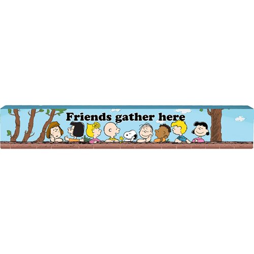 Peanuts Friends Gather Here Wide Wooden Sign