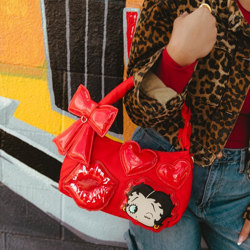 Betty Boop Kisses and Hearts Padded Nylon Baguette Bag with Webbing Strap