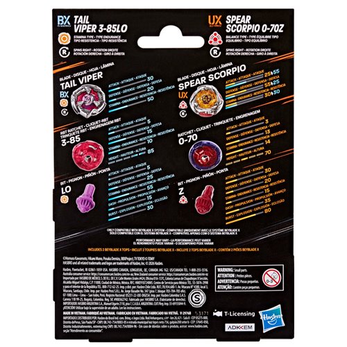 Beyblade X Spear Scorpio 0-70Z UX & Tail Viper 3-85LO BX Dual Pack Set
