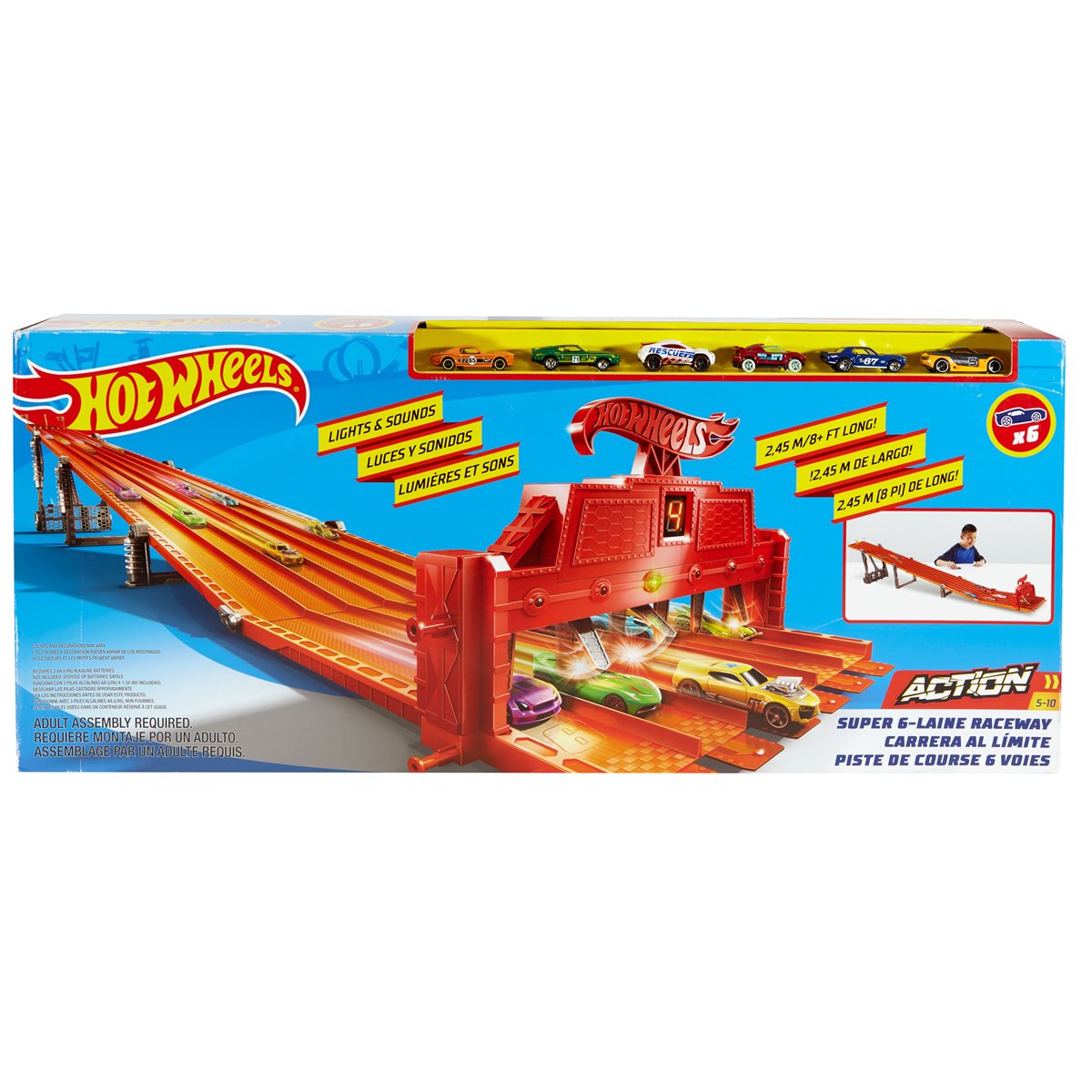 Hot Wheels Super 6-Lane Raceway Realistic Sounds and Lights Toy Gift 