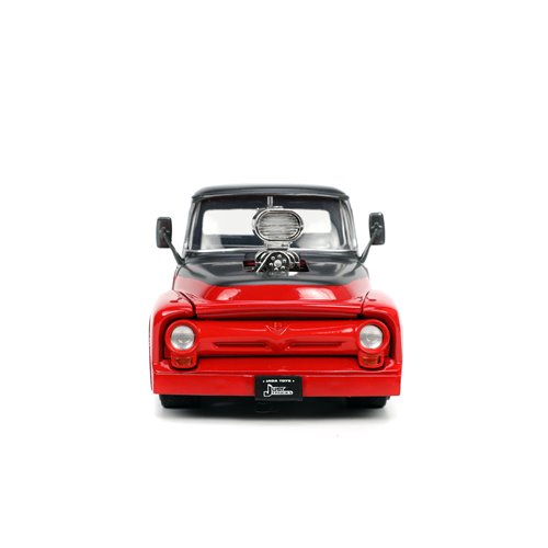 Just Trucks F-100 Pickup Truck Red and Dark Gray 1:24 Scale Die-Cast Metal Vehicle with Tire Rack