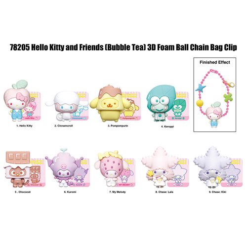 Hello Kitty and Friends Bubble Tea 3D Foam Ball Chain Bag Clip Random 6-Pack