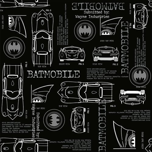 Batman Batmobile Blueprint on Black Peel and Stick Wallpaper
