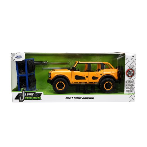 Just Trucks 2021 Ford Bronco Yellow 1:24 Scale Die-Cast Metal Vehicle with Tire Rack