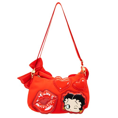 Betty Boop Kisses and Hearts Padded Nylon Baguette Bag with Webbing Strap