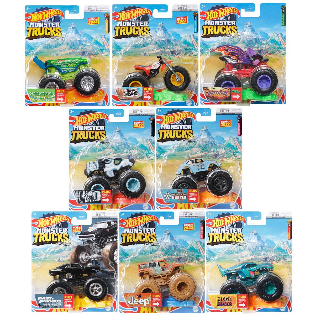 Hot Wheels Monster Trucks Plus Car Mix 1 2-Pack Case of 8
