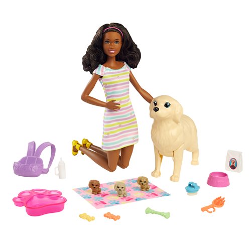 Barbie Doll with Brunette Hair and Newborn Pups Playset