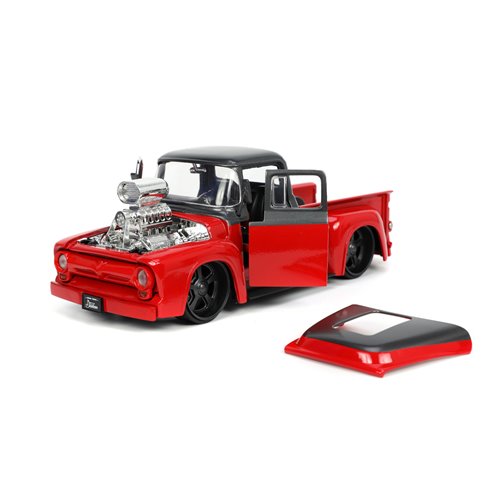 Just Trucks F-100 Pickup Truck Red and Dark Gray 1:24 Scale Die-Cast Metal Vehicle with Tire Rack