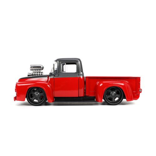 Just Trucks F-100 Pickup Truck Red and Dark Gray 1:24 Scale Die-Cast Metal Vehicle with Tire Rack