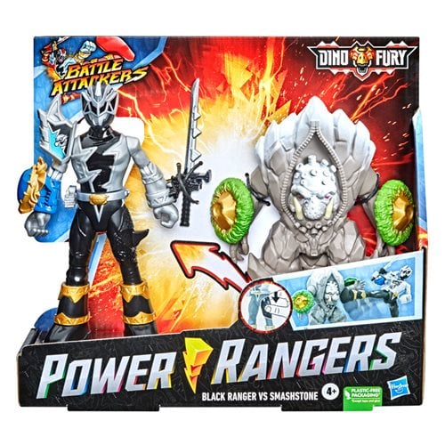 Power Rangers Dino Fury Battle Attackers 2-Pack Black Ranger vs. Smashstone Kicking Action Figures