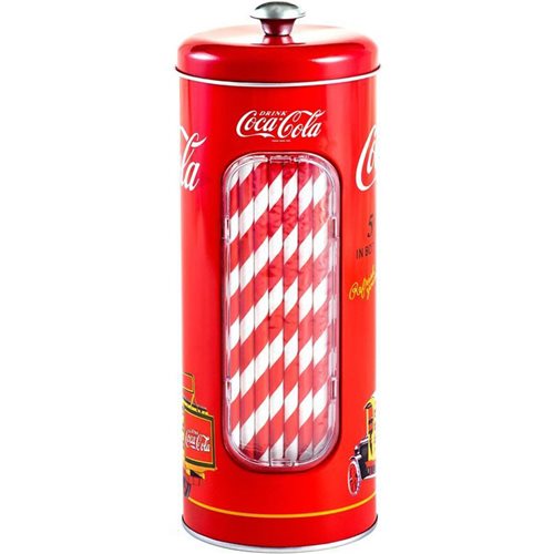 Coca-Cola Tin Canister Straw Holder with Straws