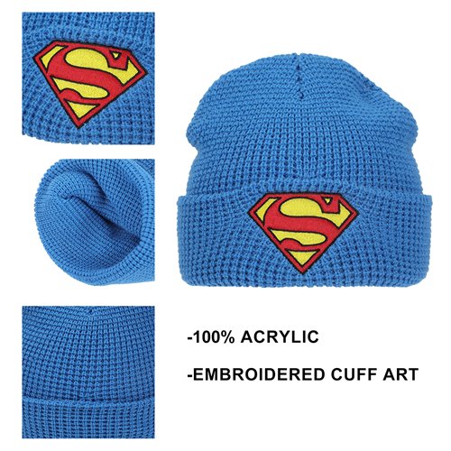 Superman Logo Embroidered Waffle Knit Cuff Beanie
