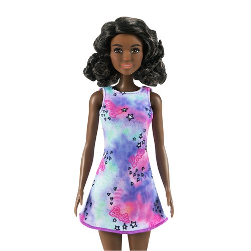 Barbie Doll with Purple Tie-Dye Dress and Curly Brunette Hair