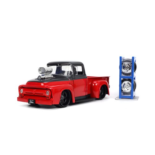 Just Trucks F-100 Pickup Truck Red and Dark Gray 1:24 Scale Die-Cast Metal Vehicle with Tire Rack
