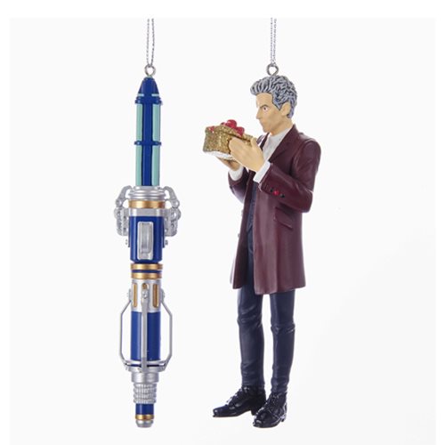 Hickoryville Doctor Who 12th Doctor Sonic Screwdriver & Tardis with Christmas Wreath 3 Piece Ornament Bundle