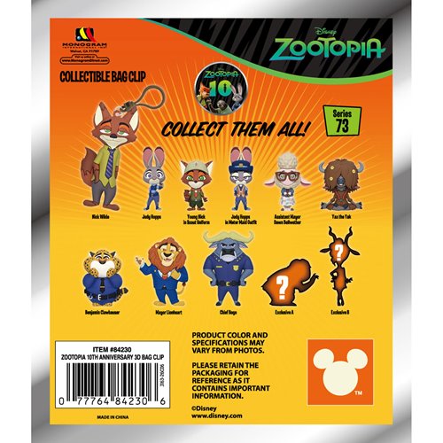 Zootopia 10th Anniversary Series 73 3D Foam Bag Clip Random 6-Pack