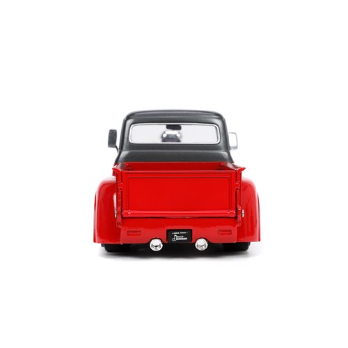 Just Trucks F-100 Pickup Truck Red and Dark Gray 1:24 Scale Die-Cast Metal Vehicle with Tire Rack