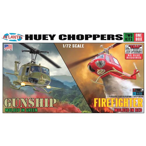Huey Chopper Fire Fighter and Vietnam Gunship SNAP 1:72 Scale Plastic Model Kit Set of 2