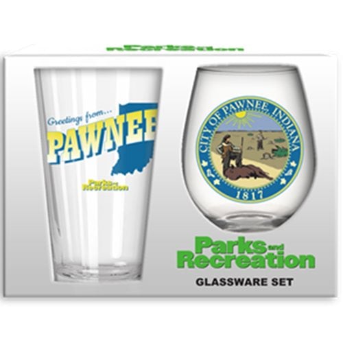 Parks and Recreation Greetings from Pawnee 16 oz. Pint Glass and 20 oz. Stemless Glass Set of 2