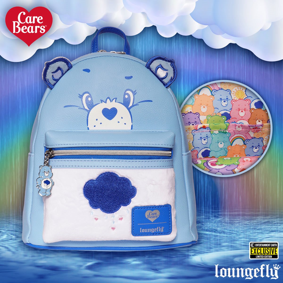 Loungefly EE Exclusive Care Bears Grumpy Flocked Mini Backpack NEW
