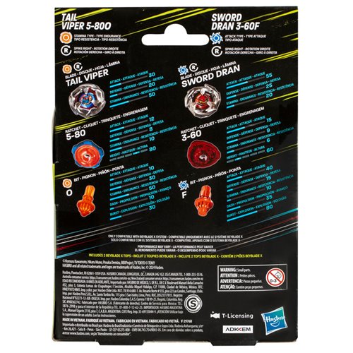 Beyblade X Tail Viper 5-80O and Sword Dran 3-60F Dual Pack Set with 2 Right-Spinning Tops