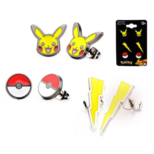 Pokemon Pikachu Lightning Bolt and Poke Ball Stud Earrings 3-Pack