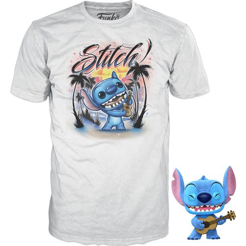Lilo & Stitch Stitch with Ukelele Flocked Funko Pop! Vinyl Figure #1044 and Adult Pop! T-Shirt 2-Pack