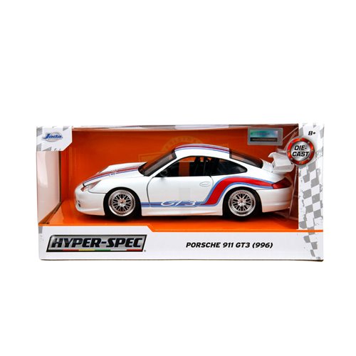Hyper-Spec Porsche 911 GT3 996 White with Red Stripes 1:24 Scale Die-Cast Metal Vehicle