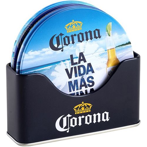 Corona Tin 6-Piece Coaster Set with Holder