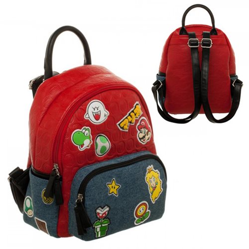 Bioworld Super Mario Icon Patches red and Blue denim tone Embossed Mini  Backpack