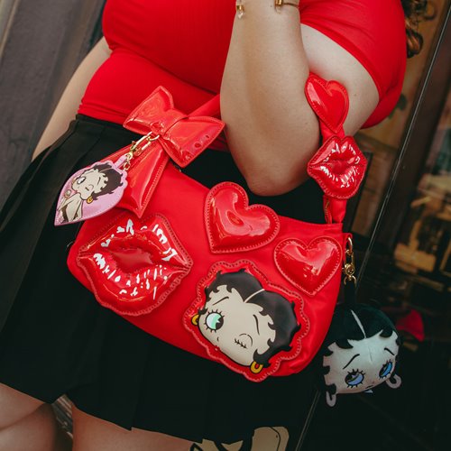 Betty Boop Kisses and Hearts Padded Nylon Baguette Bag with Webbing Strap