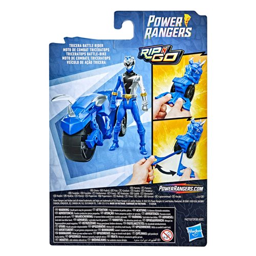 Power Rangers Dino Fury Rip N Go Tricera Battle Rider and Blue Ranger 6-Inch-Scale Vehicle and Actio
