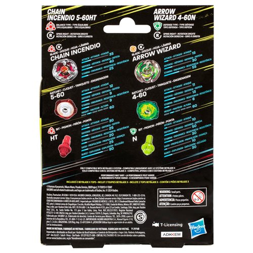 Beyblade X Chain Incendio 5-60HT and Arrow Wizard 4-60N Dual Pack Set with 2 Right-Spinning Tops