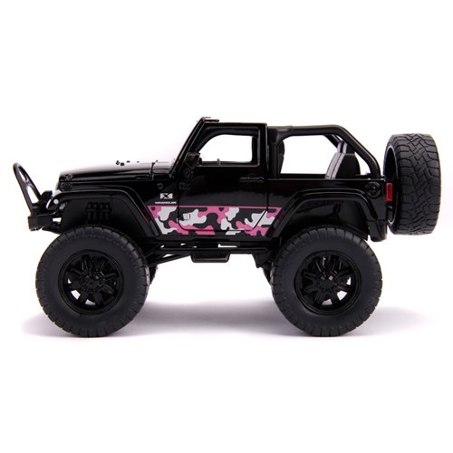 Just Trucks 2007 Jeep Wrangler Black and Pink Camo 1:24 Scale Die-Cast Metal Vehicle with Tire Rack