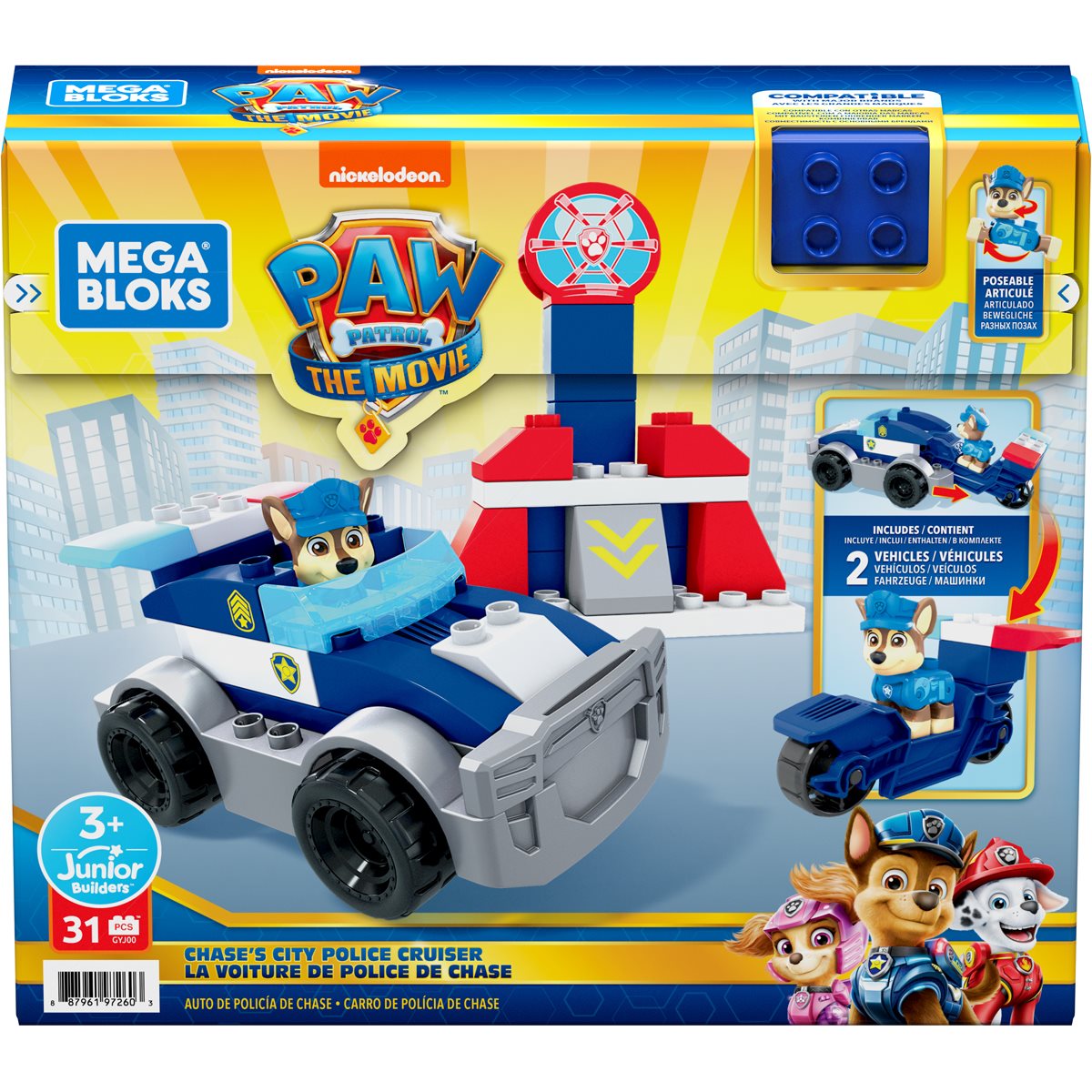 Mega Bloks PAW Patrol Chase's City Police Cruiser, Set Costruzioni 2-in-1 Con Figura Chase Articolata E 30 Blocchi, Per Bambini 3+ Anni
