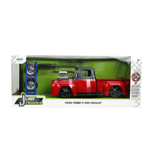 Just Trucks F-100 Pickup Truck Red and Dark Gray 1:24 Scale Die-Cast Metal Vehicle with Tire Rack