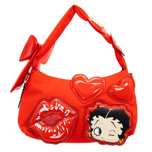 Betty Boop Kisses and Hearts Padded Nylon Baguette Bag with Webbing Strap