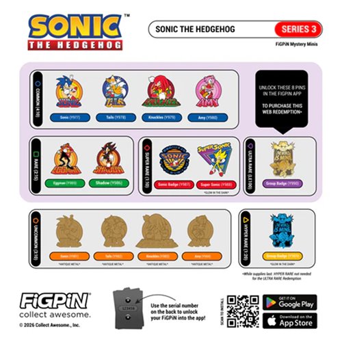 Sonic the Hedgehog Mystery Minis Series 3 Enamel Pin Display of 10