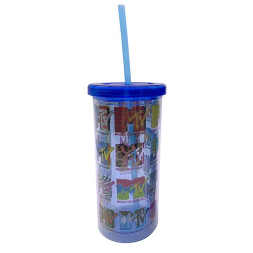 MTV Classic Logo Grid 20oz Plastic Tall Cold Cup with Lid and Straw