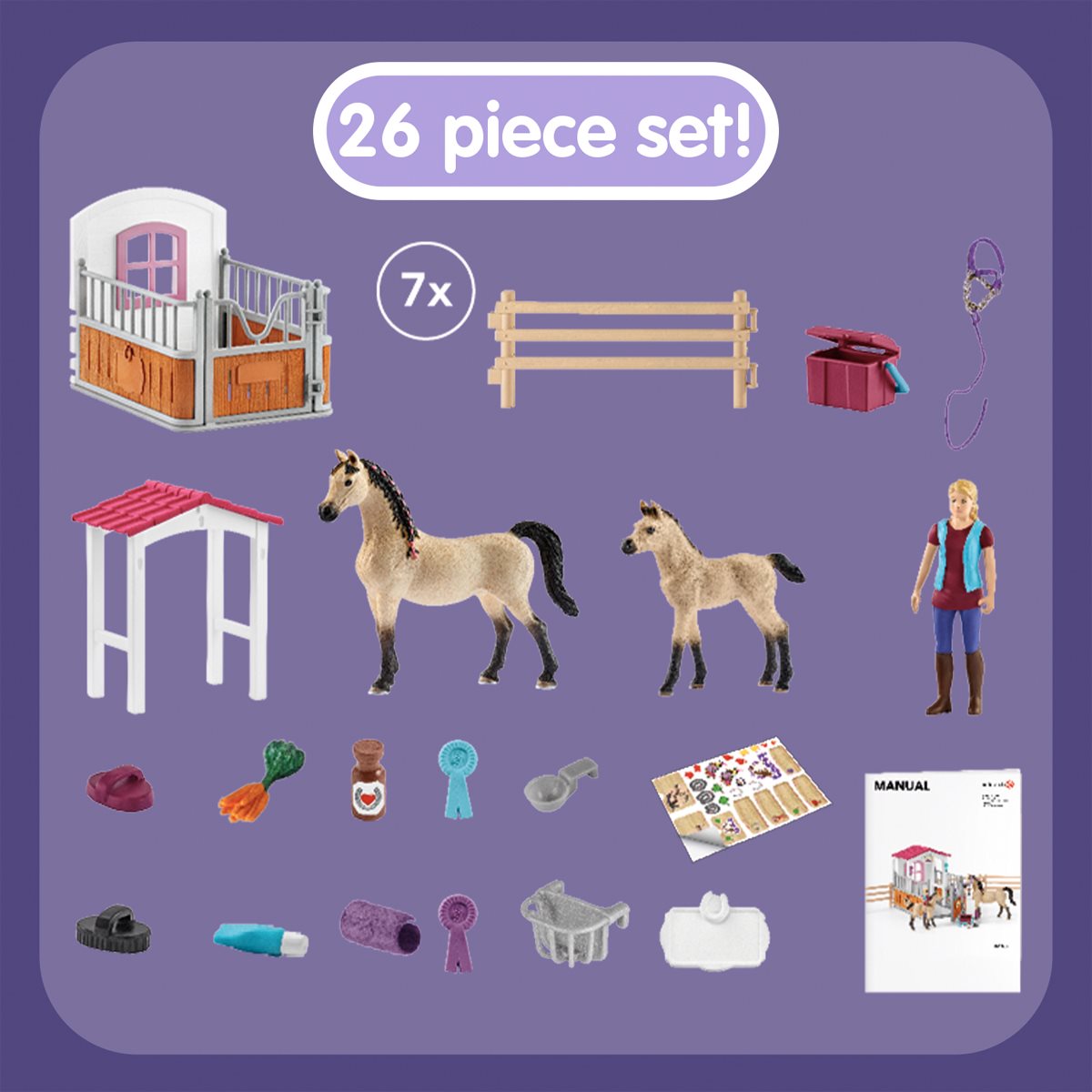Schleich Horse Club Stall with Arabian Horses  Groomer Toy Figure 